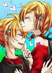 Rule 34 | 1boy, 1girl, bad id, bad pixiv id, belukuel, brother and sister, colorized, closed eyes, kissing forehead, hand on another&#039;s face, heart, hetero, kagamine len, kagamine rin, kiss, kissing forehead, short hair, siblings, smile, twins, vocaloid