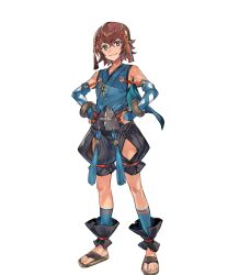Rule 34 | 1boy, crossed bangs, detached hood, fire emblem, fire emblem fates, fire emblem heroes, hands on own hips, hayato (fire emblem), headband, highres, japanese clothes, looking at viewer, nintendo, non-web source, official art, red eyes, red hair, sandals, smile, solo, tachi-e