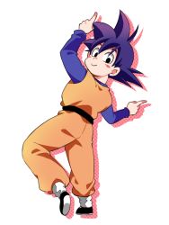 Rule 34 | 1boy, black eyes, black hair, child, dancing, dougi, dragon ball, dragonball z, happy, index finger raised, leg up, long sleeves, looking at viewer, looking back, male focus, rochiko (bgl6751010), simple background, smile, son goten, standing, standing on one leg, white background