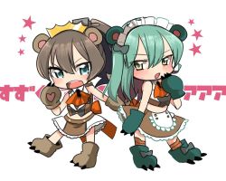 Rule 34 | &gt;:d, 2girls, :d, adapted costume, animal ears, animal hands, aqua eyes, aqua hair, ascot, bear ears, bear paws, brown hair, claws, cosplay, crown, fang, gloves, green eyes, hair between eyes, hand to own mouth, kantai collection, kemonomimi mode, kumano (kancolle), looking at viewer, maid headdress, multiple girls, oomori (kswmr), open mouth, parody, paw gloves, paw shoes, ponytail, shoes, simple background, skirt, smile, suzuya (kancolle), teeth, thighhighs, v-shaped eyebrows, white background, yuri kuma arashi, yurigasaki lulu, yurigasaki lulu (cosplay), yurishiro ginko, yurishiro ginko (cosplay), zettai ryouiki