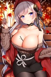 Rule 34 | 1girl, absurdres, aran sweater, autumn leaves, azur lane, belfast (azur lane), belfast (shopping with the head maid) (azur lane), beret, black pantyhose, black ribbon, black skirt, blush, breast hold, breasts, brown sweater, cable knit, choker, cleavage, collarbone, day, earrings, food, hat, hat ribbon, head tilt, highres, holding, holding food, hoop earrings, jewelry, large breasts, long hair, looking at viewer, off-shoulder sweater, off shoulder, outdoors, pantyhose, pocky, ribbon, silver hair, sitting, skirt, smile, solo, sweater, thighs, wsman
