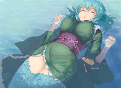 Rule 34 | 2girls, puff of air, black shirt, blue hair, boat, bow, breasts, cape, chestnut mouth, closed eyes, commentary, fins, fish scales, fish tail, floral print, frills, giant, giantess, hair bow, head fins, japanese clothes, kimono, large breasts, living island, long sleeves, lying on water, mermaid, monster girl, multiple girls, obi, parted lips, partially submerged, purple bow, red hair, red skirt, sash, sekibanki, shirt, short hair, skirt, tail, touhou, utopia, wakasagihime, watercraft, wide sleeves