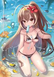 Rule 34 | 00yu, 1girl, absurdres, ahoge, alternate costume, bikini, bikini pull, black bikini, brown eyes, brown hair, clothes pull, colored inner hair, commentary, crossed bangs, flower, food, food in mouth, hair flower, hair ornament, highres, hololive, hololive english, long hair, looking at viewer, multicolored hair, nanashi mumei, ponytail, popsicle, popsicle in mouth, ripples, rock, sitting, streaked hair, summer, swimsuit, symbol-only commentary, very long hair, virtual youtuber, wariza, water, wet
