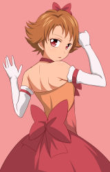 Rule 34 | 00s, 1girl, absurdres, arm warmers, back cutout, bare shoulders, brown hair, clothing cutout, detached sleeves, dress, expressionless, eyelashes, gloves, hair ornament, hair ribbon, highres, jabara tornado, looking at viewer, natsuki rin, precure, red background, red dress, red eyes, ribbon, short hair, simple background, solo, standing, white gloves, yes! precure 5, yes! precure 5 gogo!