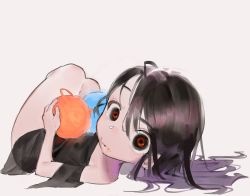Rule 34 | 1girl, bare shoulders, black dress, black eyes, black hair, blackhole-chan, closed mouth, commentary, dress, english commentary, food, food on face, godekasu, hair spread out, highres, long hair, looking at viewer, looking back, lying, m87 black hole, multicolored eyes, on back, original, red eyes, short dress, simple background, solo, star (sky), white background, wide-eyed