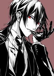 Rule 34 | 1boy, biting, brown background, collared shirt, copyright request, formal, glove biting, gloves, hair between eyes, highres, jacket, long hair, long sleeves, looking at viewer, male focus, mochizuki shiina, monochrome, necktie, red eyes, shirt, simple background, solo, suit, upper body