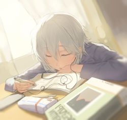 Rule 34 | 1girl, anastasia (idolmaster), backlighting, book, cable, cellphone, closed eyes, commentary request, earbuds, earphones, idolmaster, idolmaster cinderella girls, long sleeves, pen, pencil case, phone, russian text, shioda (shioda 5), short hair, silver hair, sleeping, smartphone, solo, sunlight, upper body, window