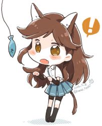Rule 34 | !, 10s, 1girl, 2016, animal ears, arashio (kancolle), arm warmers, bike shorts, bike shorts under skirt, black socks, blush stickers, brown eyes, brown hair, cat ears, cat tail, dated, fang, fish, kano (coyotehunt), kantai collection, kemonomimi mode, kneehighs, long hair, looking at viewer, open mouth, paw pose, pleated skirt, school uniform, shirt, short sleeves, shorts, shorts under skirt, skirt, socks, solo, spoken exclamation mark, suspenders, tail, twitter username, white shirt