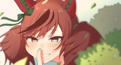 Rule 34 | 1girl, animal ears, blurry, blush, brown eyes, brown hair, cowlick, depth of field, ear covers, finger to mouth, green ribbon, hair ribbon, highres, horse ears, horse girl, looking at viewer, luca hello 0520, nice nature (umamusume), ribbon, smile, soft focus, solo, twintails, umamusume