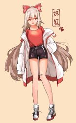 Rule 34 | 1girl, :d, absurdres, bandaid, bandaid on knee, bandaid on leg, black shorts, blonde hair, bra strap, coat, fujiwara no mokou, full body, hand in pocket, highres, long hair, looking at viewer, mnnnya, open clothes, open coat, open mouth, red eyes, red shirt, round teeth, shirt, shoes, short shorts, shorts, simple background, smile, solo, standing, teeth, touhou, upper teeth only, white coat, white footwear, yellow background