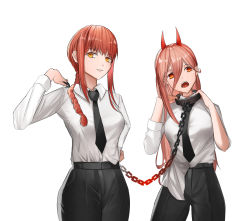 Rule 34 | 2girls, black pants, braid, braided ponytail, brown hair, business suit, chain, chain leash, chainsaw man, collared shirt, cross-shaped pupils, crosshair pupils, demon girl, demon horns, femdom, formal, hair between eyes, holding, holding chain, holding leash, horns, leash, light smile, long hair, looking at viewer, makima (chainsaw man), multiple girls, office lady, pants, pink hair, power (chainsaw man), ringed eyes, shirt, shirt tucked in, smile, suit, symbol-shaped pupils, untucked shirt, very long hair, white shirt, yellow eyes, yoon seokjun