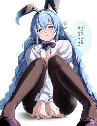 Rule 34 | 1girl, absurdres, animal ears, black bow, black bowtie, black thighhighs, blue eyes, blue hair, blue pasties, blush, bow, bowtie, braid, breasts, collared shirt, covered erect nipples, covering crotch, covering privates, crossed bangs, crotchless, fake animal ears, hair between eyes, highres, knees together feet apart, long braid, long hair, long sleeves, looking at viewer, meme attire, mushoku tensei, open clothes, open mouth, open shirt, rabbit ears, reverse bunnysuit, reverse outfit, roxy migurdia, shirt, signature, simple background, sitting, small breasts, solo, speech bubble, thighhighs, translated, twin braids, very long hair, white background, white shirt, yujin (kanouyuuto-0423)