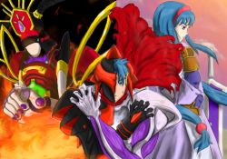 Rule 34 | 1boy, 1girl, anastasia valeria, armor, armored dress, ashley winchester, blue hair, breasts, cape, don tron, dress, gloves, hair ornament, hairband, helmet, knight, knight blazer, long hair, lord blazer, low-tied long hair, mask, red eyes, smile, sword, twintails, very long hair, weapon, wild arms, wild arms 2