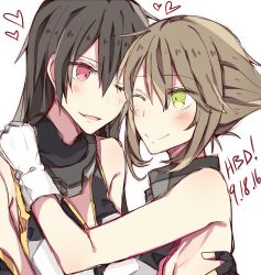 Rule 34 | 10s, 2girls, bare shoulders, black hair, blush, breasts, brown hair, commentary request, couple, gloves, heart, kantai collection, kvlen, long hair, medium breasts, multiple girls, mutsu (kancolle), nagato (kancolle), no headwear, one eye closed, open mouth, red eyes, short hair, smile, upper body, white gloves, yellow eyes, yuri