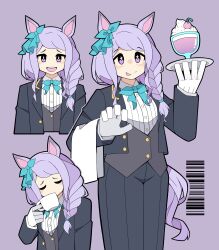 Rule 34 | + +, 1girl, absurdres, alternate costume, alternate hairstyle, animal ears, black jacket, black pants, braid, braided ponytail, commentary request, cup, ear ornament, gloves, highres, holding, holding cup, horse ears, horse girl, horse tail, jacket, licking lips, long hair, long sleeves, mejiro mcqueen (umamusume), multiple views, open clothes, open jacket, open mouth, pants, purple background, purple eyes, purple hair, shirt, simple background, smile, soulmaster uwu, tail, teacup, tongue, tongue out, umamusume, vest, white gloves, white shirt