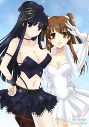 Rule 34 | 10s, 2015, 2girls, :d, artist name, bare shoulders, black eyes, black hair, blush, breasts, brown eyes, brown hair, choker, cleavage, dated, dress, frilled skirt, frills, hat, large breasts, long hair, looking at viewer, midriff, multiple girls, navel, ogiso setsuna, open mouth, peaked cap, skirt, smile, standing, the-sinner, touma kazusa, two side up, v, white album (series), white album 2, white dress