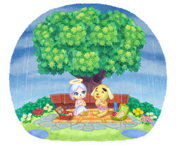 Rule 34 | 1boy, 1girl, :d, ^ ^, animal crossing, apple, benjamin (animal crossing), blanket, blue eyes, blue flower, blue hair, bottle, bush, closed eyes, closed mouth, cloud, cloudy sky, commentary request, dog boy, dress, flower, food, fruit, furry, furry male, halo, holding, holding food, looking at another, lunchbox, moai (aoh), nintendo, open mouth, outdoors, parted bangs, picnic, pink flower, pink shirt, rain, red flower, sandwich, shirt, short hair, sitting, sky, sleeveless, sleeveless dress, sleeveless shirt, smile, thermos, tree, tree hollow, villager (animal crossing), white dress, white flower