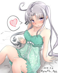 Rule 34 | 1girl, akitsushima (kancolle), anchor, bare shoulders, bed, blush, breasts, casual, dated, giraffe (ilconte), heart, highres, kantai collection, long hair, looking at viewer, medium breasts, nightgown, parted bangs, purple eyes, ribbon, silver hair, sitting, solo, spaghetti strap, spoken heart, twitter username
