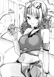 Rule 34 | 1girl, absurdres, arm support, bare arms, bare shoulders, bikini, bikini top only, choker, closed mouth, cupcake, diagonal bangs, eyewear on head, food, greyscale, hand up, highres, holding, holding food, idolmaster, idolmaster shiny colors, long hair, looking at viewer, low twintails, monochrome, navel, pleated skirt, signature, sitting, skirt, smile, sofra, solo, sunglasses, swimsuit, tanaka mamimi, twintails, twitter username