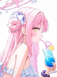 Rule 34 | 1girl, blue archive, blue halo, blue nails, blush, bra, closed mouth, commentary, crazy straw, cup, drinking, drinking straw, drinking straw in mouth, flower, food, frilled bra, frills, fruit, funii, gradient halo, hair behind ear, hair bun, hair flaps, hair flower, hair ornament, halo, heart straw, highres, holding, holding cup, lemon, lemon slice, long hair, looking to the side, mika (blue archive), multicolored halo, pink hair, pink halo, purple scrunchie, scrunchie, shoulder blades, single bare shoulder, single side bun, solo, symbol-only commentary, two-tone halo, underwear, upper body, white background, white bra, wispy bangs, wrist scrunchie, yellow eyes