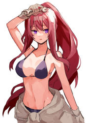 Rule 34 | 1girl, arm up, bare shoulders, bikini, breasts, brown gloves, collarbone, eyebrows hidden by hair, gloves, groin, hair between eyes, highres, holding, jumpsuit, jumpsuit around waist, long hair, medium breasts, navel, original, parted lips, ponytail, purple bikini, purple eyes, red hair, simple background, solo, sweat, swimsuit, tori (10ri), very long hair, white background, wrench