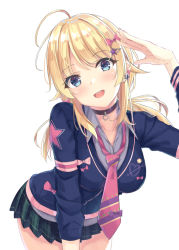 Rule 34 | 1girl, :d, ahoge, black choker, blonde hair, blue eyes, blue jacket, blush, breasts, choker, collarbone, collared shirt, commentary request, cowboy shot, hachimiya meguru, hair ornament, hatsu (first snow), idolmaster, idolmaster shiny colors, jacket, large breasts, leaning forward, long hair, long sleeves, looking at viewer, miniskirt, necktie, open mouth, pink necktie, plaid, plaid skirt, pleated skirt, shirt, sidelocks, simple background, skirt, smile, solo, star (symbol), star hair ornament, striped necktie, striped neckwear, teeth, upper teeth only, virtual youtuber, white background