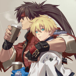 Rule 34 | 2boys, black gloves, blonde hair, blue gloves, brown hair, cup, disposable coffee cup, disposable cup, father-in-law and son-in-law, fingerless gloves, gloves, green eyes, guilty gear, guilty gear strive, hair between eyes, highres, holding, holding cup, hug, ky kiske, long hair, long sleeves, looking at viewer, male focus, multiple boys, ponytail, red eyes, short hair, sol badguy, talgi