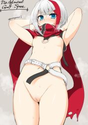 Rule 34 | 1girl, admiral graf spee (azur lane), armpits, arms up, asaga aoi, azur lane, belt, belt buckle, blue eyes, blunt bangs, blush, breasts, buckle, censored, character name, cowboy shot, from below, grey background, groin, looking at viewer, looking down, mosaic censoring, multicolored hair, navel, nipples, nose blush, pussy, red hair, red scarf, scarf, short hair, silver hair, simple background, small breasts, standing, steaming body, stomach, streaked hair, striped clothes, striped scarf, sweat, thighs