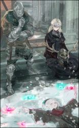 Rule 34 | 1boy, 2girls, absurdres, armor, ashen one (dark souls 3), belt, black dress, black scarf, black skirt, blonde hair, blurry, blurry background, breastplate, breasts, brown belt, brown headwear, chainmail, closed mouth, commentary, covered eyes, dark souls (series), dark souls iii, dress, english commentary, fire keeper, full armor, full body, gauntlets, gem, glowing, greaves, green scarf, grey hair, hand up, helmet, highres, holding, knight, long hair, lying, medium breasts, multiple girls, nslacka, on back, painting woman (dark souls), plate armor, red scarf, scarf, sheath, sheathed, shoulder armor, sitting, skirt, snow, snow angel, snowing, standing, sword, weapon, weapon on back