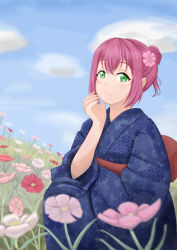 Rule 34 | 1girl, absurdres, alternate hairstyle, aqua eyes, artist name, artist request, back bow, blue kimono, blue sky, blush, bow, breasts, cloud, corset, day, female focus, field, floral print, flower, flower field, flower print, grass, green eyes, hair between eyes, hair bow, hair bun, hair flower, hair ornament, highres, japanese clothes, kimono, kurosawa ruby, long sleeves, looking at viewer, love live!, love live! school idol festival, love live! school idol festival all stars, love live! sunshine!!, obi, on grass, outdoors, parted lips, pink bow, pink flower, red bow, red corset, red hair, ribbon, sash, short hair, single hair bun, sky, smile, solo, wide sleeves, yellow ribbon
