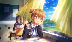 Rule 34 | :t, beads, black hair, black jacket, black socks, blue ribbon, book, bow, brown eyes, brown hair, chair, cinderella series, classroom, cloud, collared shirt, curtains, desk, double bun, elbows on table, eraser, expressionless, film grain, game cg, hachigatsu no cinderella nine, hair beads, hair bow, hair bun, hair ornament, hairclip, hand on own cheek, hand on own face, highres, holding, holding book, holding pencil, indoors, jacket, kneehighs, lens flare, light particles, locker, long hair, long sleeves, looking outside, looking to the side, mechanical pencil, neck ribbon, nitta minako, non-web source, notebook, official art, on chair, pencil, rectangular eyewear, red-framed eyewear, ribbon, school chair, school desk, shirt, sitting, sky, socks, sparkle, white shirt, window, yellow bow