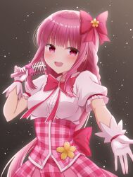 Rule 34 | 1girl, :d, absurdres, back bow, blunt bangs, blush, bow, braid, brown background, center frills, flower, frilled shirt, frills, gloves, hair bow, highres, holding, holding microphone, kamiha magica idol costume, long hair, looking at viewer, low-tied long hair, low ponytail, magia record: mahou shoujo madoka magica gaiden, mahou shoujo madoka magica, microphone, neck ribbon, official alternate costume, open mouth, pink bow, pink corset, pink eyes, pink hair, pink ribbon, pink skirt, plaid corset, puffy short sleeves, puffy sleeves, rea224, reaching, reaching towards viewer, ribbon, shirt, short sleeves, side braids, sidelocks, skirt, smile, solo, tamaki iroha, teeth, tied sleeves, underbust, upper body, upper teeth only, very long hair, white gloves, white shirt, yellow flower