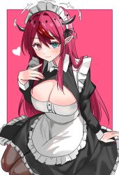 Rule 34 | 1girl, alternate costume, apron, atto silia, black dress, blue eyes, cleavage cutout, clothing cutout, dress, enmaided, heart, heterochromia, highres, hololive, hololive english, horns, irys (hololive), juliet sleeves, long hair, long sleeves, maid, maid apron, maid headdress, nail polish, pantyhose, pink background, pointy ears, puffy sleeves, purple eyes, purple hair, smile, virtual youtuber