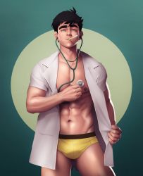 Rule 34 | 1boy, abs, bara, black hair, briefs, bulge, collared shirt, doctor, dr.shin nerdyart, highres, holding, holding stethoscope, large pectorals, liquid-in-glass thermometer, looking at viewer, male focus, male underwear, mouth hold, muscular, muscular male, navel, nerdyart1, nipples, open clothes, open shirt, original, pectorals, shirt, short hair, solo, stethoscope, thermometer, thick eyebrows, thick thighs, thighs, underwear, white shirt, yellow male underwear