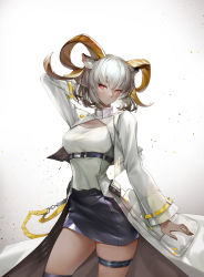 Rule 34 | 1girl, absurdres, animal ears, arknights, arm up, black skirt, black thighhighs, breasts, carnelian (arknights), coat, cowboy shot, dark-skinned female, dark skin, goat ears, goat girl, goat horns, gradient background, grey background, grey hair, highres, horns, huangbanmimi, infection monitor (arknights), large breasts, long sleeves, miniskirt, open clothes, open coat, parted lips, pencil skirt, red eyes, shirt, short hair, single thighhigh, skirt, smile, solo, thighhighs, thighlet, underbust, white coat, white shirt