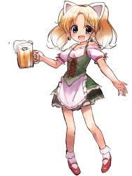 Rule 34 | 1girl, :d, alcohol, animal ears, bad id, bad pixiv id, barmaid, beer, beer mug, blonde hair, blue eyes, blush, bobby socks, cat ears, cup, dirndl, dress, earrings, fang, full body, german clothes, highres, jewelpet (series), jewelpet twinkle, jewelry, long hair, mary janes, miria marigold mackenzie, mug, nyama, oktoberfest, open mouth, shoes, simple background, smile, socks, solo, traditional clothes, twintails, white background