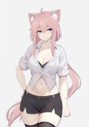 Rule 34 | 1girl, absurdres, ahoge, animal ear fluff, animal ears, black shorts, black thighhighs, blue eyes, breasts, cat ears, cleavage, commentary, cowboy shot, fang, fang out, grey background, hand on own hip, highres, long hair, medium breasts, midriff, navel, neko (solution1988), original, pink hair, shirt, short shorts, short sleeves, shorts, sidelocks, simple background, solo, standing, stomach, thighhighs, thighs, very long hair, white shirt