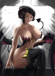 Rule 34 | 1girl, absurdres, ass, bare shoulders, black clover, black hair, black thighhighs, blue eyes, breasts, cleavage, cross, cross necklace, crossed legs, demon girl, demon horns, demon tail, demon wings, female focus, highres, horns, huge ass, jewelry, large breasts, lily aquaria, looking at viewer, mature female, mole, mole under eye, necklace, nun, pipewrenchkilla, sitting, solo, tail, text focus, thick thighs, thighhighs, thighs, wings