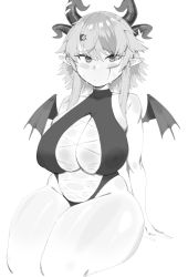 Rule 34 | 1girl, :&lt;, alternate body build, alternate breast size, alternate costume, blush, breasts, apricot the lich, curvy, embarrassed, female focus, gs16 (chug), hair ornament, jourjii, large breasts, lich, looking at viewer, midriff, monochrome, nipples visible through clothes, one-piece swimsuit, plump, scar, scar on face, short hair, sitting, slit pupils, solo, swimsuit, thick thighs, thighs, virtual youtuber, vshojo, white background, wings