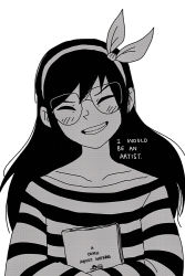 Rule 34 | 1girl, closed eyes, comic, comic book, english text, glasses, greyscale, grin, hair ribbon, long hair, manga (object), monochrome, omocat, original, parted lips, ribbon, simple background, smile, solo, striped, white background