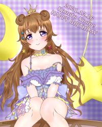 Rule 34 | 1girl, 2021, artist name, artist request, bare shoulders, blue skirt, blush, bow, bracelet, breasts, brown hair, choker, cleavage, collarbone, crescent moon, crown, detached collar, double bun, dress, dress bow, female focus, flower, frilled dress, frills, hair between eyes, hair bun, hair flower, hair ornament, hair rings, highres, jewelry, konoe kanata, long hair, looking at viewer, love live!, love live! nijigasaki high school idol club, love live! school idol festival, medium breasts, mini crown, miniskirt, moon, nemureru mori ni ikitai na, nemureru mori ni ikitai na (love live!), parted lips, pearl bracelet, plaid, plaid dress, plaid skirt, pleated, pleated dress, pleated skirt, puffy short sleeves, puffy sleeves, purple background, purple bow, purple dress, purple eyes, ribbon, short sleeves, sitting, skirt, smile, solo, star (symbol), white dress, white flower, white skirt, white wrist cuffs, wrist cuffs, yellow choker, yellow detached collar