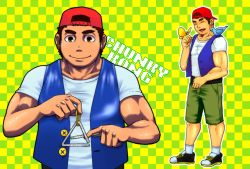Rule 34 | 1boy, ^ ^, backwards hat, baseball cap, bird, brown eyes, brown hair, bug, butterfly, character name, checkered background, chunky kong, closed eyes, donkey kong (series), donkey kong 64, green shorts, happy, hat, insect, instrument, muscular, nintendo, outline, personification, red eyes, red headwear, shirt, shoes, shorts, smile, sneakers, socks, standing, t-shirt, vest