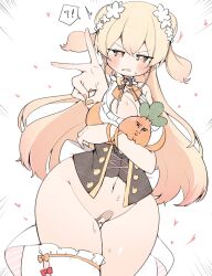 Rule 34 | 1girl, bandaid, bandaid on pussy, blush, bottomless, breasts, carrot, cleft of venus, flower, groin, hair between eyes, hair ornament, heart, heart-shaped pupils, highres, hololive, kuma no bansoukou, large breasts, long hair, momosuzu nene, momosuzu nene (1st costume), navel, nekko (momosuzu nene), pussy, solo, sweat, symbol-shaped pupils, thick thighs, thighs, two side up, v, virtual youtuber, white background, wide hips