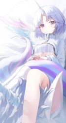 Rule 34 | 1girl, ayatsuno yuni, breasts, collared shirt, expressionless, feet out of frame, gnns, highres, looking at viewer, medium breasts, own hands together, parted bangs, purple nails, shirt, short hair, sidelocks, single thighhigh, sitting, solo, thighhighs, underboob, unicorn, unicorn girl, virtual youtuber, white background, white hair, white shirt, white thighhighs, white wings, wings, yumepercent
