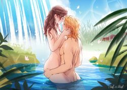 Rule 34 | 1boy, 1girl, ass, ass grab, bathing, blush, breast press, breasts, brown hair, bug, butterfly, commentary, completely nude, couple, dorothea arnault, earrings, english commentary, ferdinand von aegir, fire emblem, fire emblem: three houses, fire emblem warriors: three hopes, floof n wool, grass, green eyes, hand on another&#039;s face, hetero, highres, implied sex, insect, jewelry, large breasts, long hair, looking at another, mixed-sex bathing, nintendo, nude, official alternate hairstyle, orange eyes, orange hair, outdoors, partially submerged, shared bathing, water, waterfall