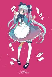 Rule 34 | 1girl, alice (alice in wonderland), alice (alice in wonderland) (cosplay), alice in wonderland, apron, bad id, bad pixiv id, blue hair, card, cosplay, cup, dress, floating card, female focus, full body, hair ribbon, hatsune miku, long sleeves, parody, playing card, ribbon, shinji (secound2ikari), simple background, solo, teacup, thighhighs, twintails, vocaloid, white thighhighs