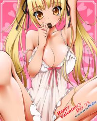 Rule 34 | 1girl, 2018, arm up, armpits, artist name, babydoll, bare shoulders, black ribbon, blonde hair, blush, breasts, brown eyes, candy, chocolate, chocolate heart, cleavage, closed mouth, collarbone, commentary request, dr rex, food, hair ribbon, happy valentine, head tilt, heart, heart background, holding, holding chocolate, holding food, large breasts, lingerie, long hair, negligee, original, pink background, ribbon, sidelocks, sitting, smile, solo, spread legs, strap slip, twintails, underwear, valentine, very long hair