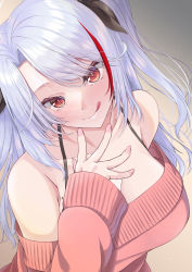 Rule 34 | 1girl, :q, alternate costume, azur lane, bare shoulders, breasts, brown background, cleavage, closed mouth, gekato, gradient background, grey hair, highres, large breasts, long hair, looking at viewer, multicolored hair, pink sweater, prinz eugen (azur lane), red eyes, red hair, smile, solo, sweater, tongue, tongue out, two side up, upper body, white hair