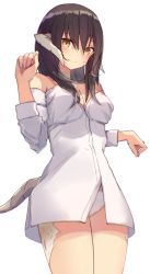 Rule 34 | 1girl, au ra, bare shoulders, black hair, blush, breasts, cleavage, closed mouth, cowboy shot, dragon girl, dragon horns, dragon tail, final fantasy, final fantasy xiv, hair between eyes, hand up, highres, horns, legs together, long hair, long sleeves, looking at viewer, medium breasts, panties, shirt, simple background, smile, solo, straight hair, tail, thighs, tota (sizukurubiks), underwear, white background, white panties, white shirt, yellow eyes
