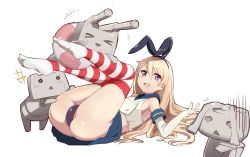 Rule 34 | &gt; &lt;, 10s, 1girl, :&lt;, :d, ass, bad id, bad pixiv id, black panties, blonde hair, blush, closed eyes, dobasisi, elbow gloves, gloves, hairband, kantai collection, kasa list, leg lift, legs, lifebuoy, long hair, lying, no shoes, on back, open mouth, panties, pantyshot, patterned legwear, personification, pink eyes, red &amp; white, rensouhou-chan, shimakaze (kancolle), simple background, skirt, smile, striped clothes, striped thighhighs, swim ring, thighhighs, two-tone stripes, underwear, upskirt, white background, white gloves